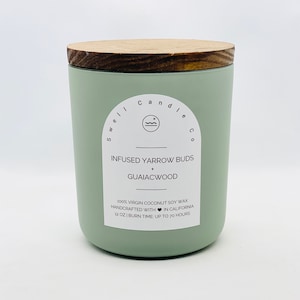 Coconut Soy Candle | Wooden Wick Candle | Infused Yarrow Buds + Guaiacwood Scented Candle | Hand Poured Candle