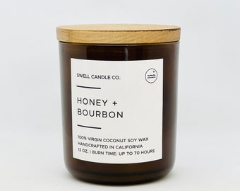 Coconut Soy Candle | Wooden Wick Candle | Honey + Bourbon Scented Candle | Hand Poured Candle