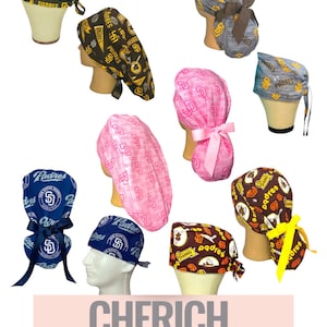 May include: A collection of ten colorful surgical caps with a San Diego Padres baseball team theme. The caps are made of fabric and have a variety of patterns and colors, including blue, pink, brown, and gray. The caps have a tie at the back and are designed to be worn by medical professionals.