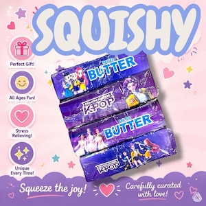 May include: Four rectangular squishy toys in purple packaging stacked vertically. The wrappers feature anime-style characters, the text "SQUISHY" at the top, "SALTED BUTTER" and "DEMON HUNTERS KPOP" on the labels, and "Squeeze the joy!" at the bottom.