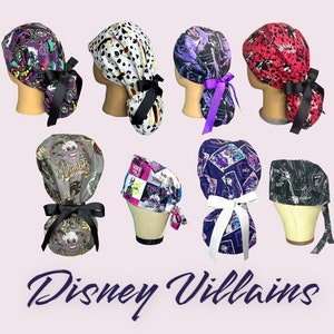 May include: Set of 8 colorful Disney Villains themed surgical scrub hats. The hats feature various villains from Disney movies, including Maleficent, Ursula, Cruella de Vil, and more. Each hat has a different pattern and color scheme.