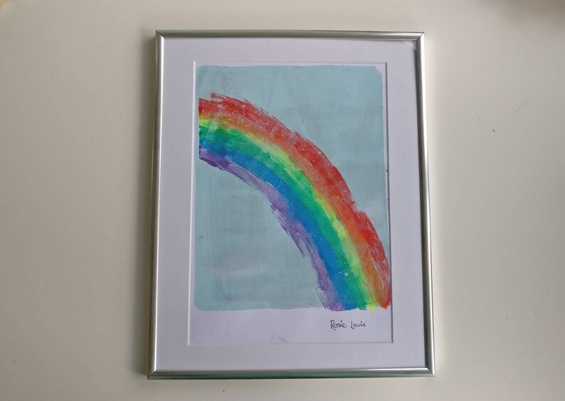 Rainbow monotype gel print original one off mounted framed shimmer A4