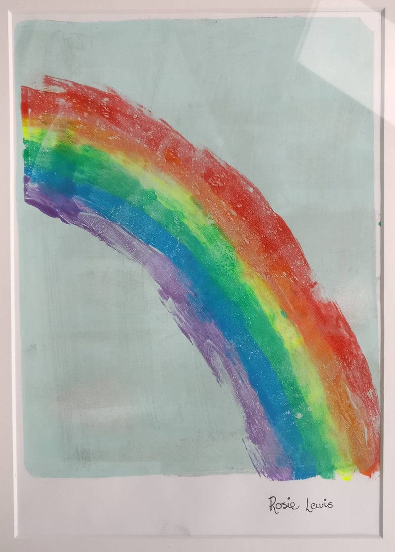 Rainbow monotype gel print original one off mounted framed shimmer A4