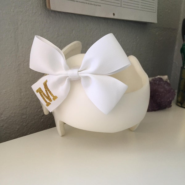 WHITE Bow, PERSONALIZED LETTER - Cranial Helmet Bow - Doc Band Bow - Starband Bow