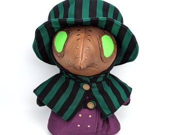 Plague Doctor Plushie Genuine Leather Mask Green Glow in the Dark Eyes Metal Rivets Plush Stuffie