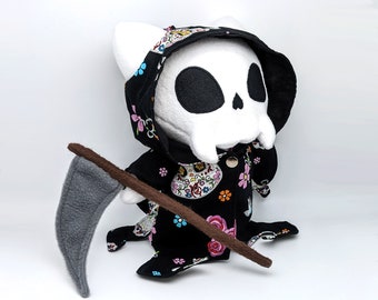 Grim Reaper Skelly Kitty Plushie with Scythe Skeleton Cat Sugar Skull Stuffie