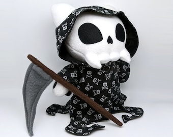 Grim Reaper Skelly Kitty Plush: Handmade Skeleton Cat with Scythe