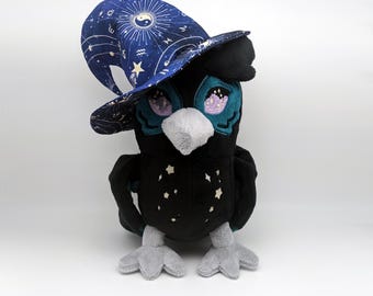 Handmade Wizard Owl Plushie: Black & Teal Celestial Witch with Posable Wings