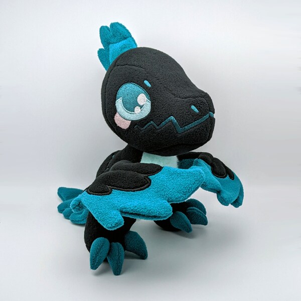 Raptor Plushie Black and Teal Feathered Velociraptor Dinosaur Stuffie Pyroraptor Plush Fleece