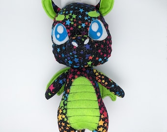 Rainbow Star Dragon Plushie Glitter Cotton Stuffie with Green Felt Features