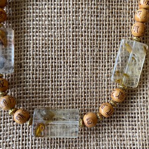 Japanese script wooden beads and quartz necklace/earrings