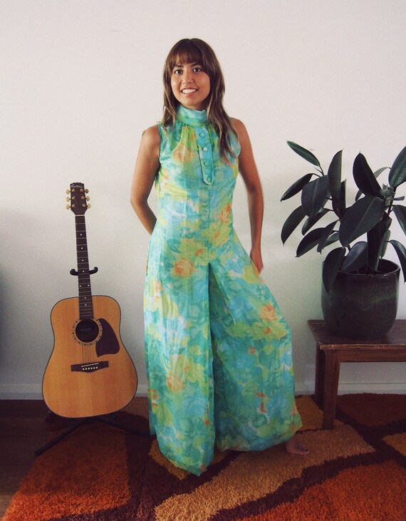 Vintage 1960s floral jumpsuit size S || mod retro