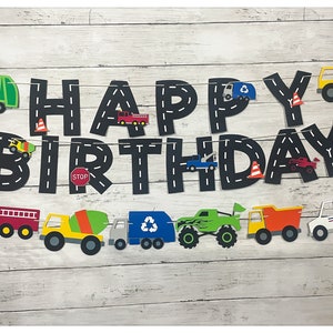 Truck Birthday Party Banner, Trucks Birthday Banner and Garland, Transportation Birthday Party Banner, Construction Trucks