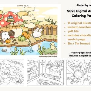 Puede incluir: Páginas para colorear digitales de otoño de Atelier by Jo. La ilustración presenta una escena caprichosa con casas de setas, calabazas y personajes de dibujos animados. El texto dice "2025 Digital Autumn Coloring Pages" e incluye detalles sobre el producto, formato 12.7cm x 17.8cm.