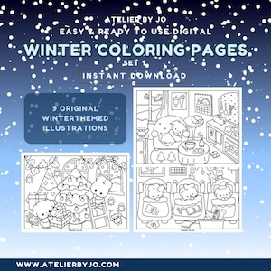 Puede incluir: Un conjunto de nueve páginas para colorear en blanco y negro con temática invernal que presentan ilustraciones de osos, un árbol de Navidad y otras escenas invernales. El texto "Atelier by Jo" aparece en cada página. El texto "9 Ilustraciones originales con temática invernal" aparece en la página superior izquierda. El texto "Páginas para colorear de invierno Conjunto 1. Descarga instantánea" aparece en la parte superior de la imagen.