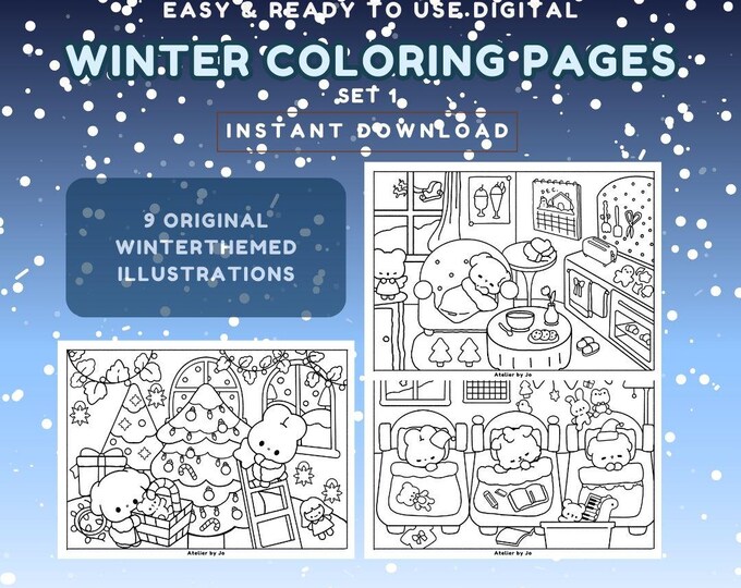 Digital Winter Coloring Page Bundle 9 Original Illustrations for Adults ...