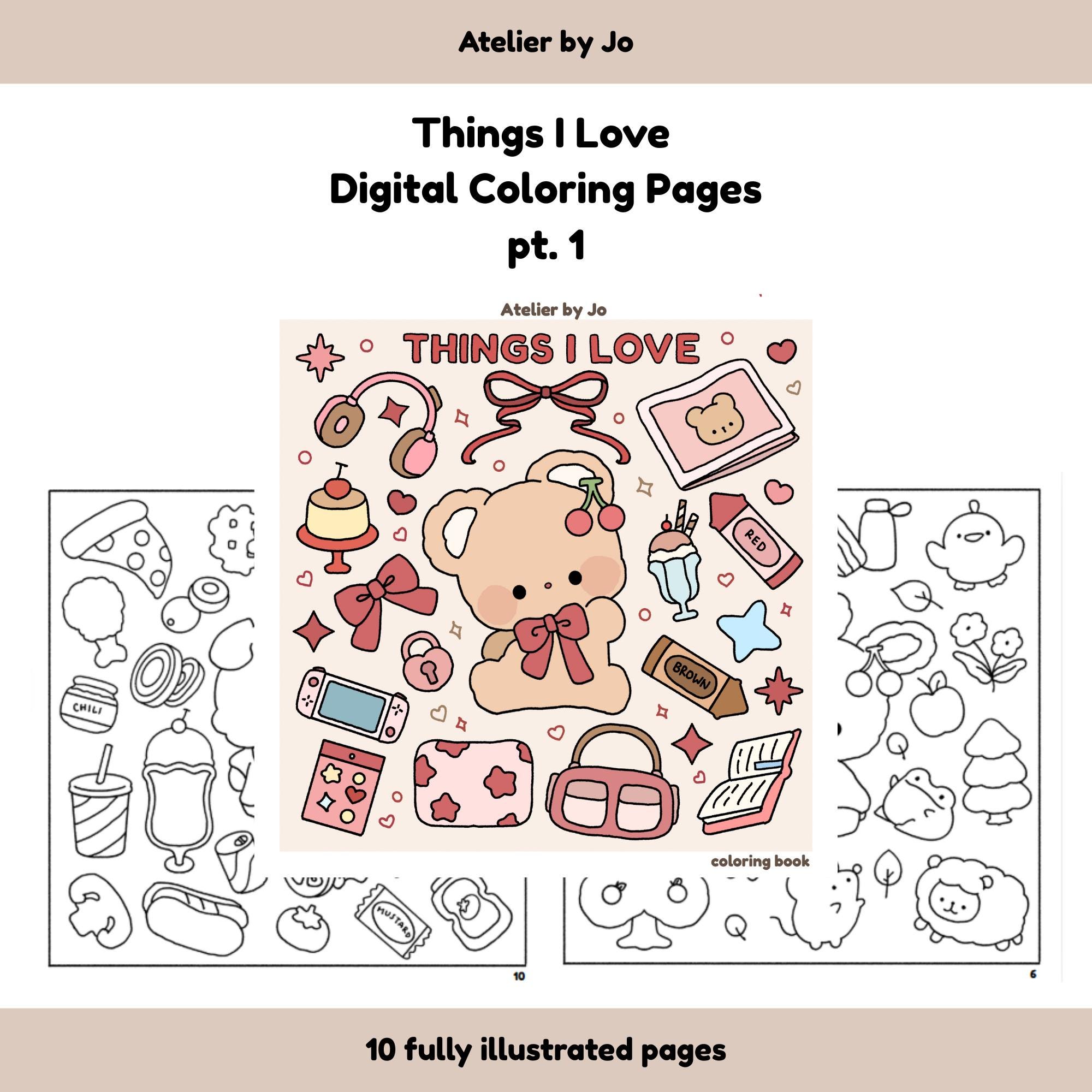 Digital Things I Love Coloring Pages Bundle Part 1 – 10 Whimsical Printable Illustrations for Adults & Kids