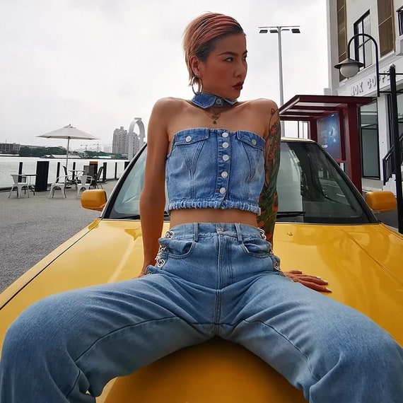 Denim Halter Top Faux Collar Top Crop Top Corset Top Tank Top - Etsy Hong  Kong