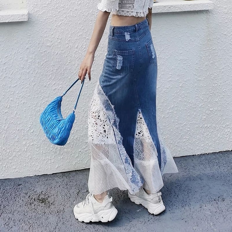 Deconstructed Jean Skirt Lace Maxi Jean Skirt Denim Skirt - Etsy