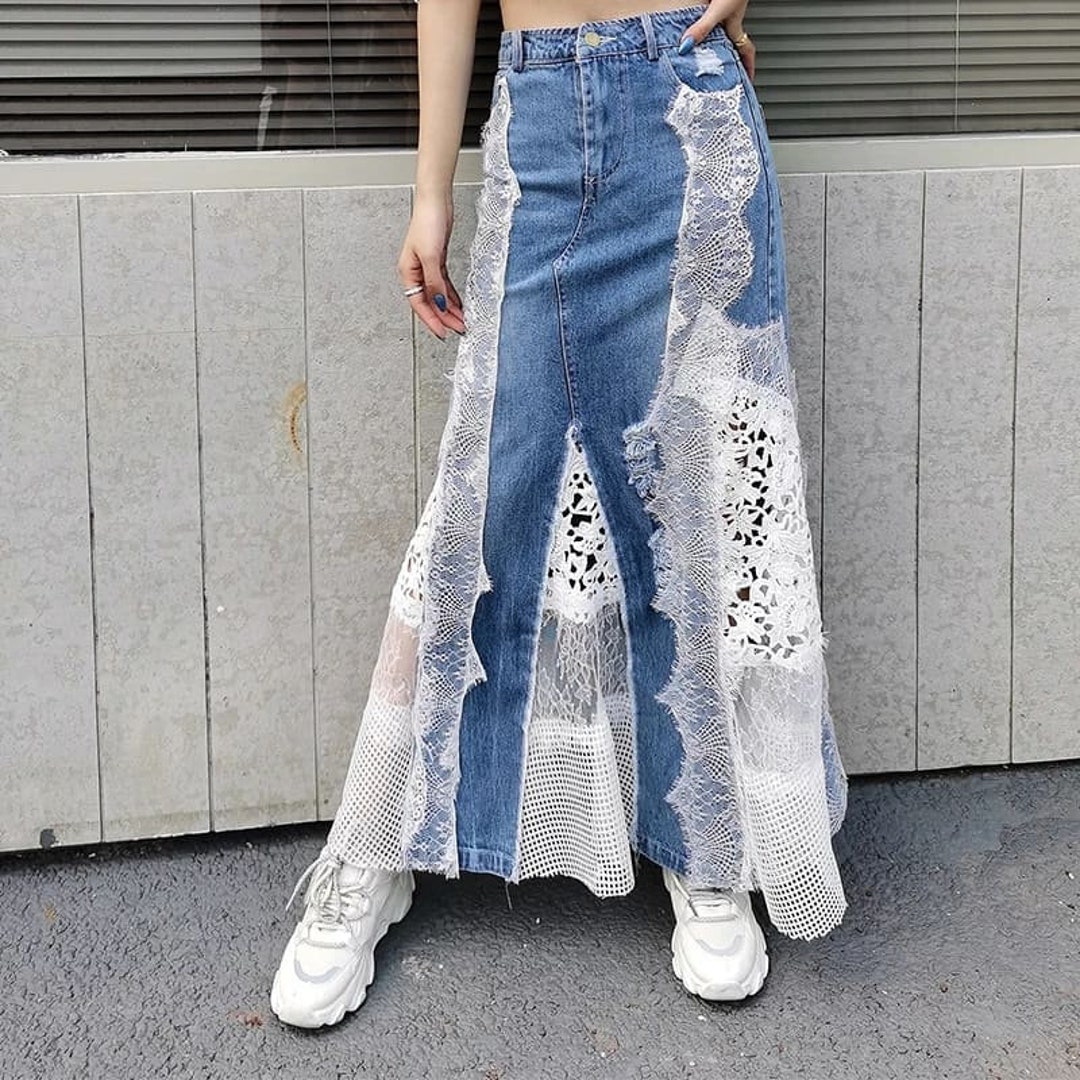 Deconstructed Jean Skirt Lace Maxi Jean Skirt Denim Skirt - Etsy