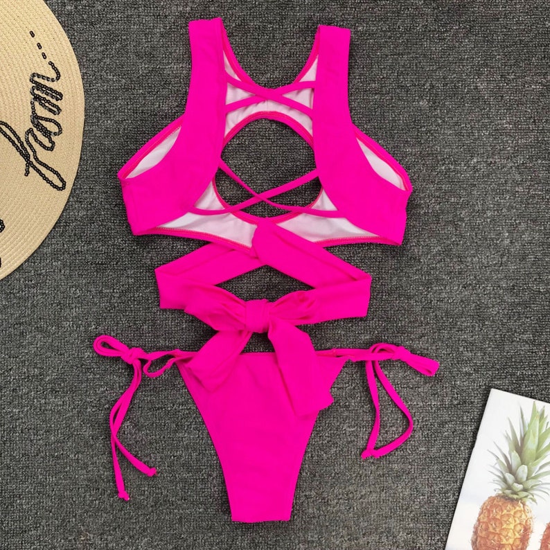 Hot pink sexy bikini Thong bikini One piece swimsuit Peekaboo | Etsy