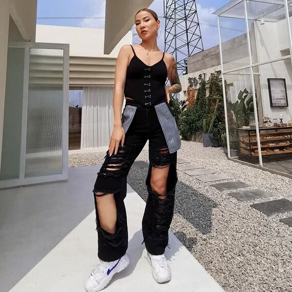 Japanese Streetwear Black Jeans Ripped 