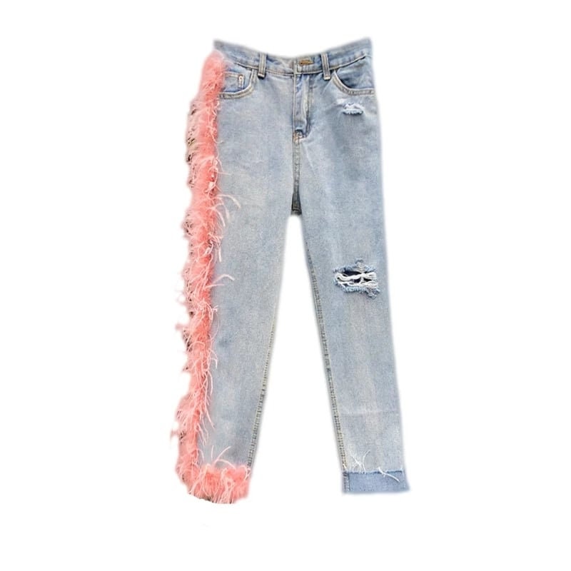 High Waisted Jeans Broken Tassels Fur Patchwork Pleated Jeans