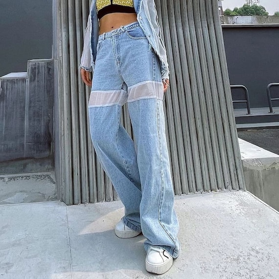 Mesh Patchwork Jeans Women Pacthed Jeans High Waisted Jeans - Etsy