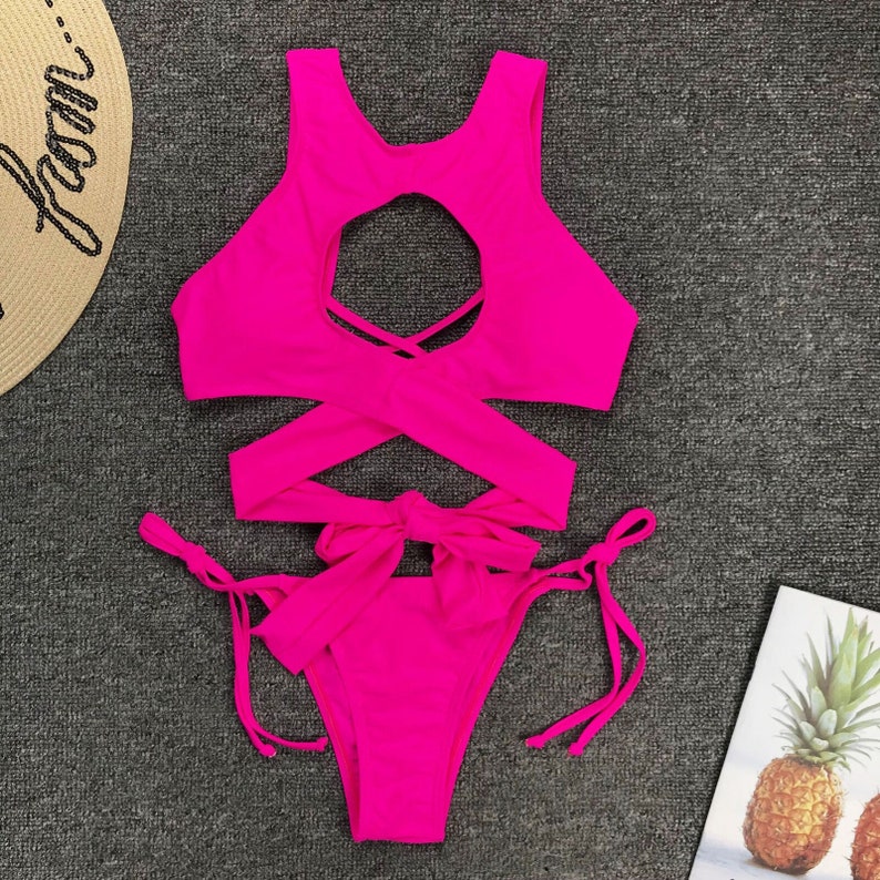 Hot Pink Sexy Bikini Thong Bikini One Piece Swimsuit Peekaboo Etsy ...