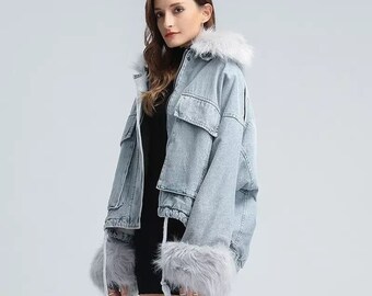 grey denim fur jacket