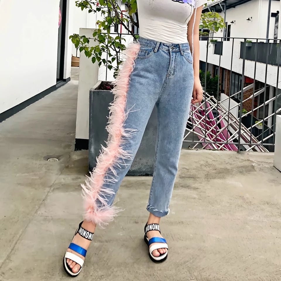 High Waisted Jeans Broken Tassels Fur Patchwork Pleated Jeans