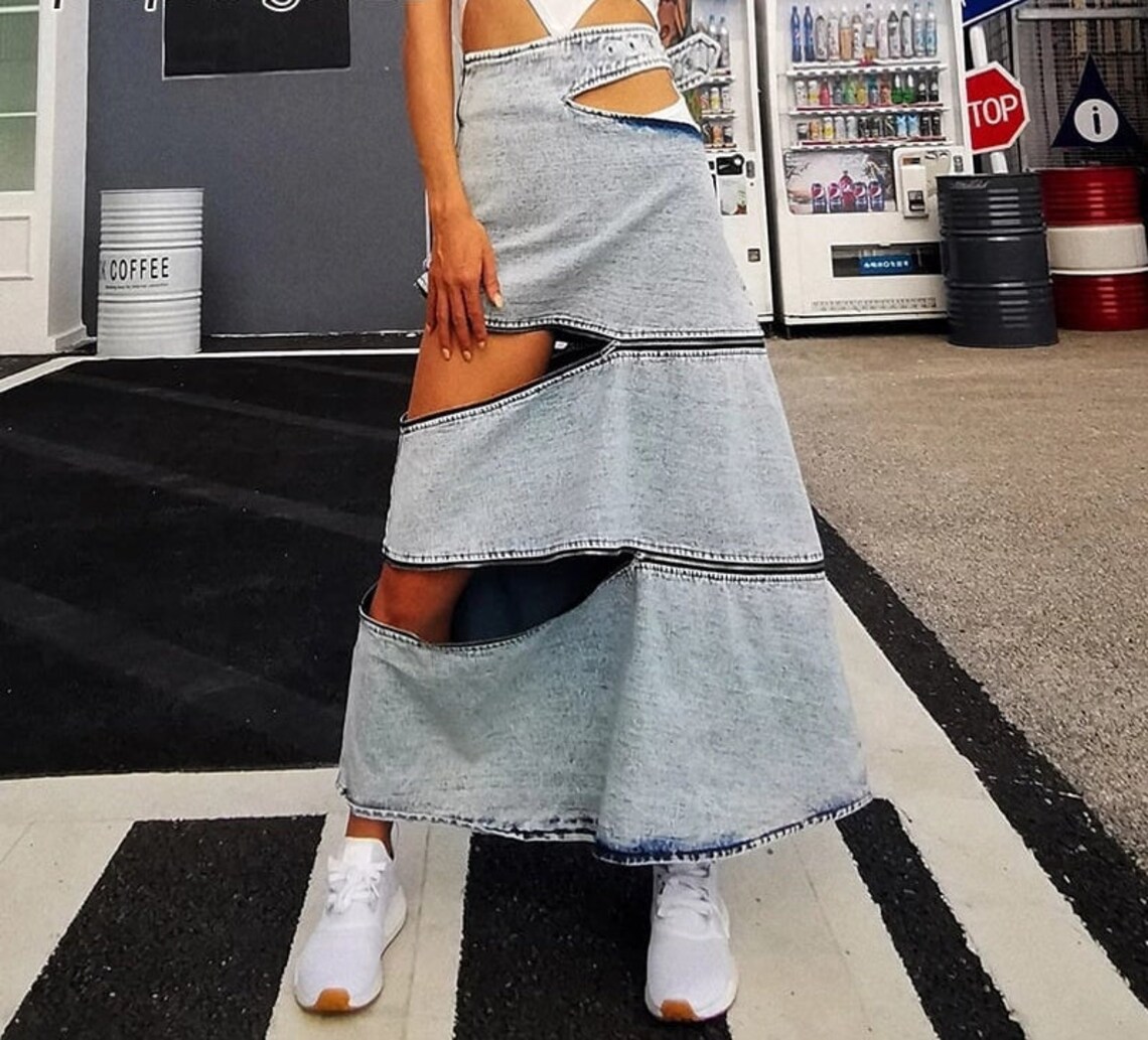 Denim Maxi Skirt Boho Denim Skirt Detachable Skirt Patchwork Etsy