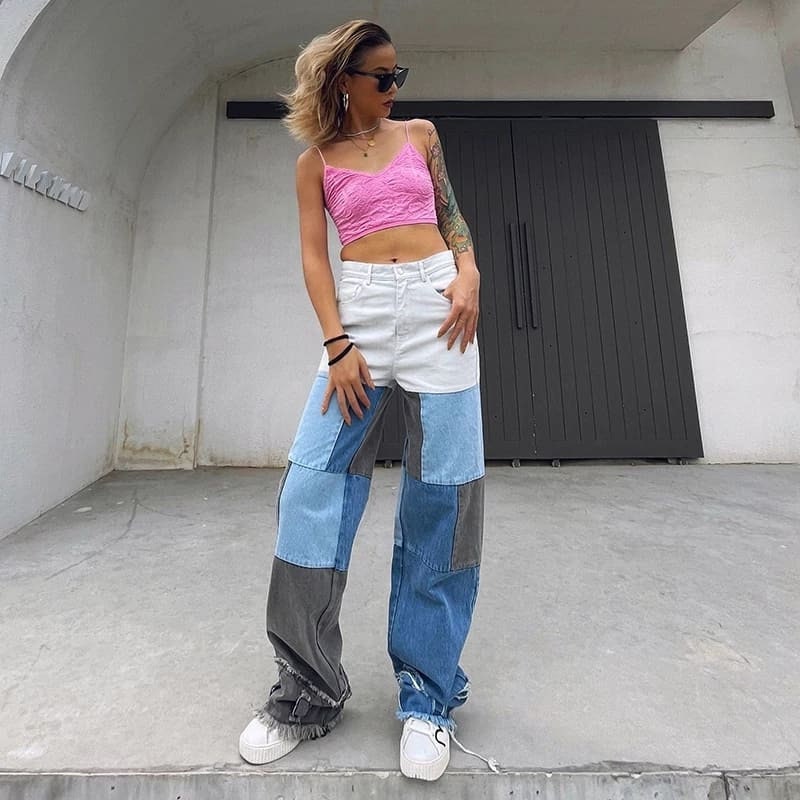 High Waist Pacthwork Jeans Casual 