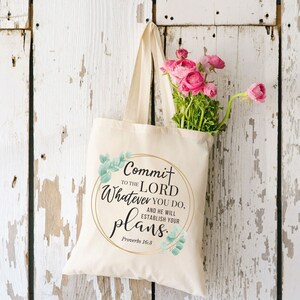 Christian Tote Bag, Proverbs 16:3, Scripture Tote, Bible Study Tote, Christian Gift for Women, Christian Gift, Proverbs Tote, Floral Wreath