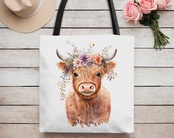 Highland Cow Tote Bag, Boho Blommig Krona, Skotsk Kviga