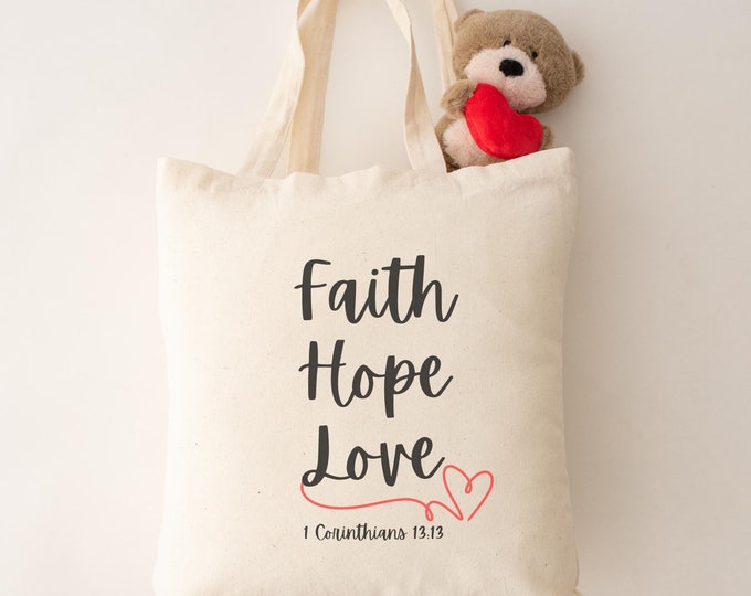 Featured listing image: Cotton Canvas Tote Bag | Faith Hope Love | Christian Tote Bag | Christian Gifts | Bible Tote | Bible Study Tote Bag | 1 Corinthians 13:13