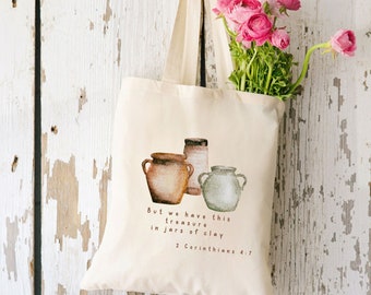 Christian Tote Bag, 2 Corinthians 4:7, Bible Study Tote Bag, Christian Lady Gift, Jars of Clay, Church Bag, Cotton Canvas Tote Bag