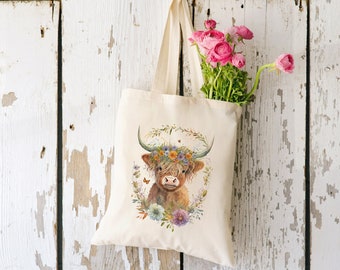 Highland Cow Canvas Tote, Floral Wreath, Farmhouse Style