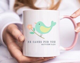 Taza "Él te cuida", regalo cristiano, taza de café con versículo bíblico, 325 ml