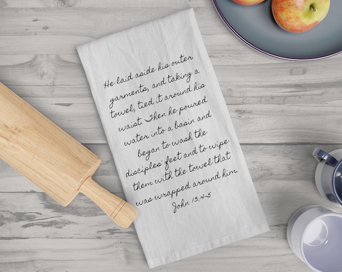 Featured listing image: Tea Towel Kitchen Decor Bible Scripture Towel Jesus Washing Feet Christian Gift John 13