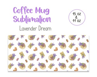 Coffee Mug Sublimation design, Lavender flowers, croissant, macaroon pattern, hand drawn watercolor illustration for your unique creations