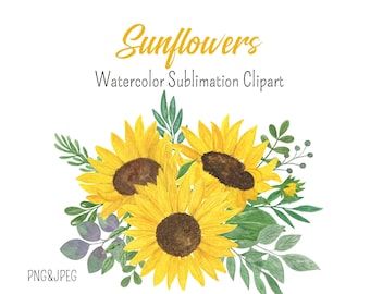 Sunflower watercolor bouquet, Sunflower floral clipart, Sunflower Arrangement PNG, JPEG, Watercolor flowers, leaves, Sunflower sublimation