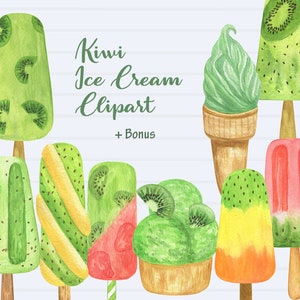 Kiwi Ice Cream Clipart, Watercolor Ice Cream, Dessert Clip art, Digital art for Invitations, greeting cards, wedding, DIY design