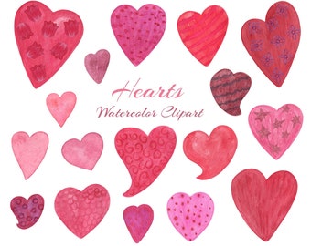 May include: A set of 16 watercolor hearts in various shades of pink and red. Each heart has a unique design, including polka dots, stripes, stars, and swirls. The hearts are perfect for adding a touch of love to any project.