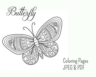 Butterfly coloring page for kids and adults, Printable PDF/JPEG black and white illustration, instant download