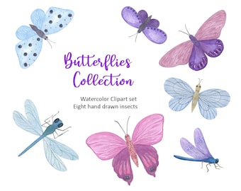 Watercolor digital clipart instant download images for decorative illustration summer insects butterfly dragonfly drawing