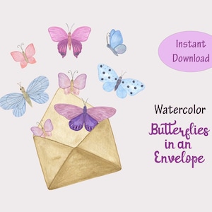 Aquarel digitale clipart vintage envelop en vlinders instant download afbeelding voor decoratieve illustratie afdrukbare natuurlijke compositie