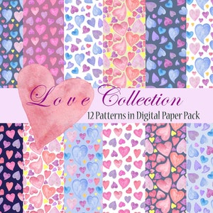 Coleção de papel digital de aquarela de corações coloridos de amor, conjunto de padrões sem costura de São Valentim, papel de álbum de recortes de amor e romance