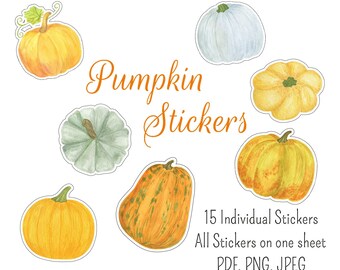 Pumpkin Sticker Pack, Watercolor fall PNG, pumpkin planner stickers, Printable Autumn stickers sheet, Printable Fall sticker collection