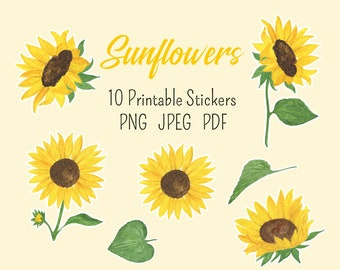 Sunflower Sticker Pack, Watercolor sunflower PNG, sunflower planner stickers, printable sticker collection, JPEG, PDF